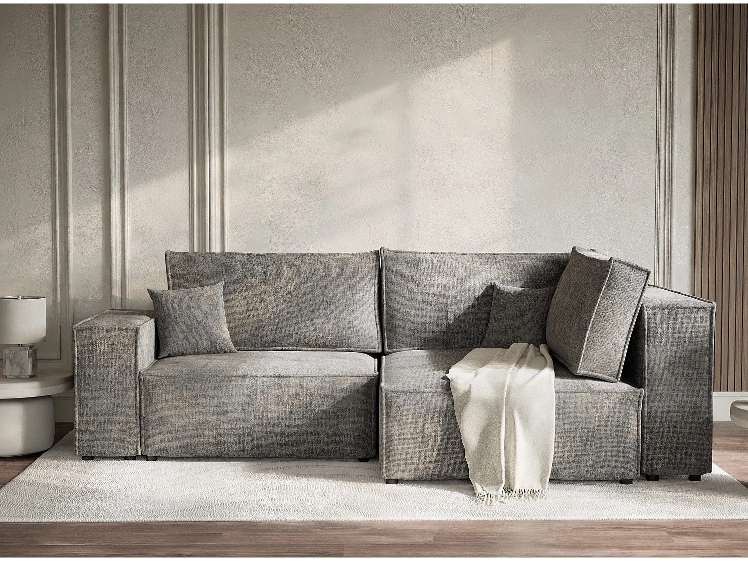 Canapé d'angle droit avec fonction lit en tissu chenille gris TONGA