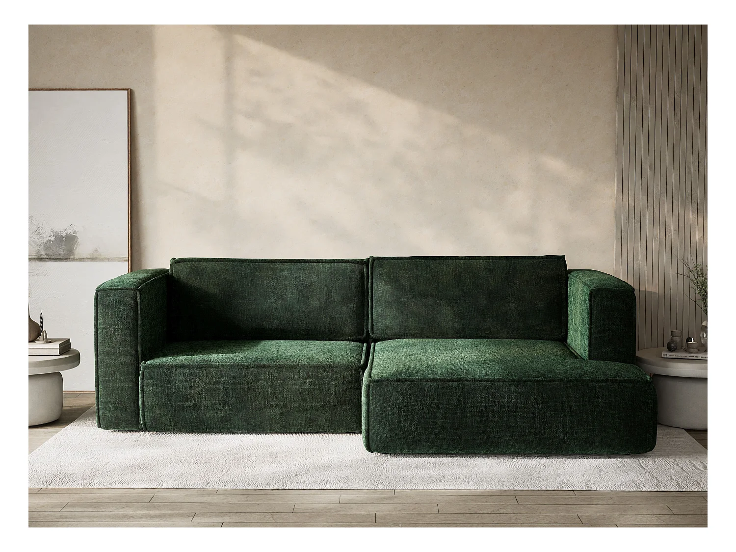 Canapé d'angle droit avec fonction lit en tissu chenille vert foncé VELTO