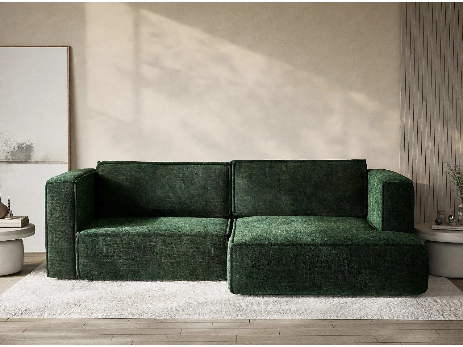 Canapé d'angle droit avec fonction lit en tissu chenille vert foncé VELTO