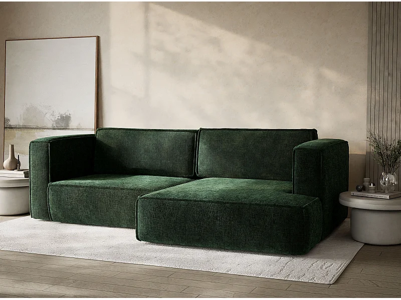 Canapé d'angle droit avec fonction lit en tissu chenille vert foncé VELTO