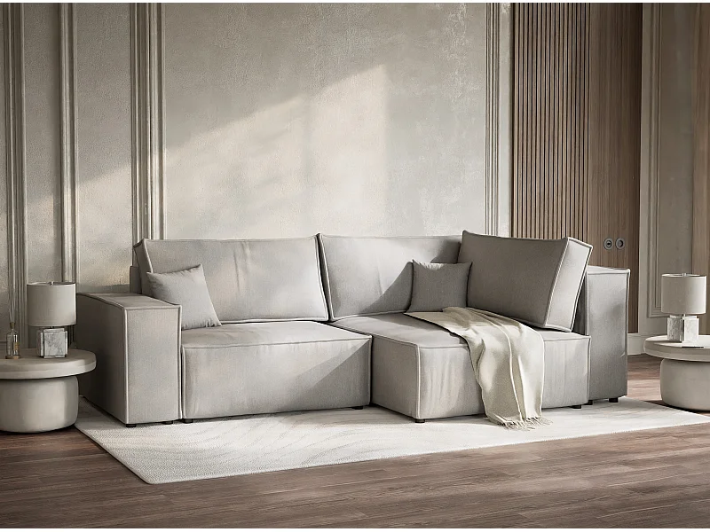 Canapé d'angle droit avec fonction lit en tissu tressé beige gris TONGA