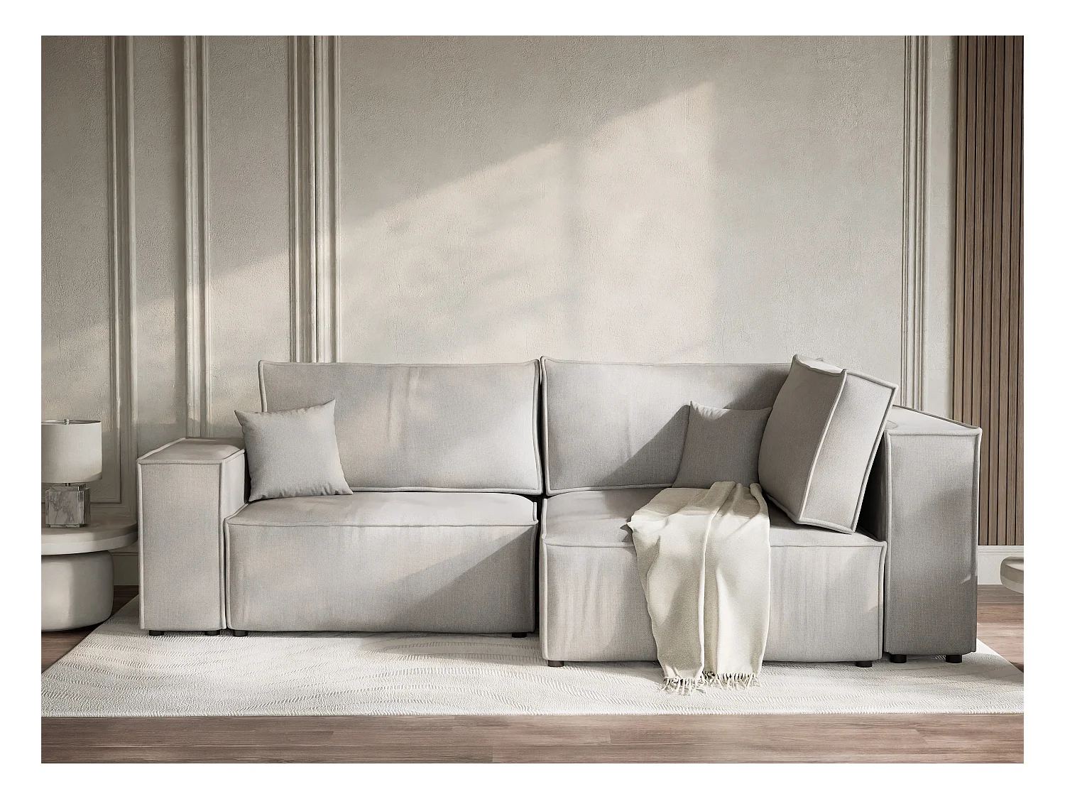 Canapé d'angle droit avec fonction lit en tissu tressé beige gris TONGA