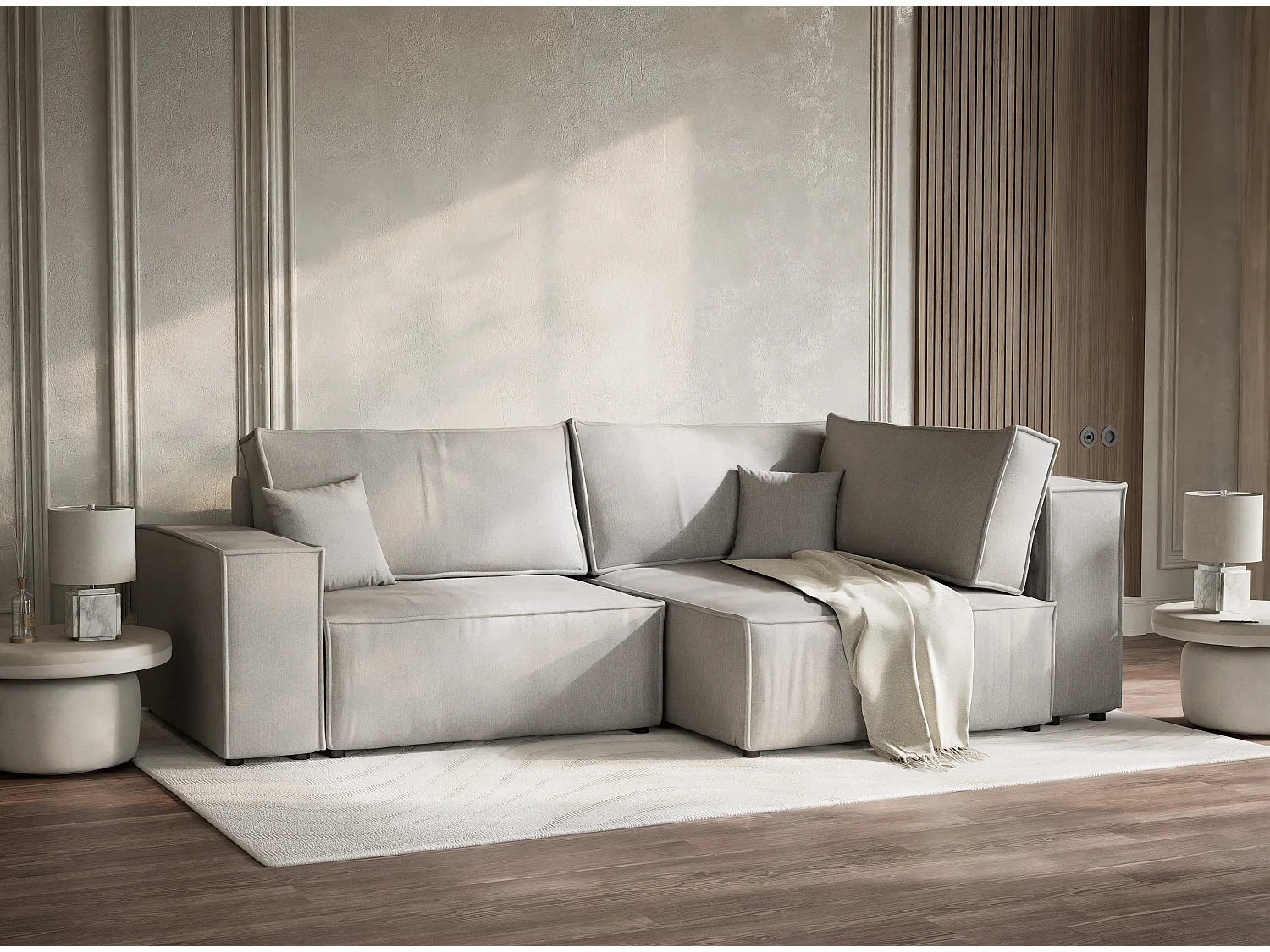 Canapé d'angle droit avec fonction lit en tissu tressé beige gris TONGA