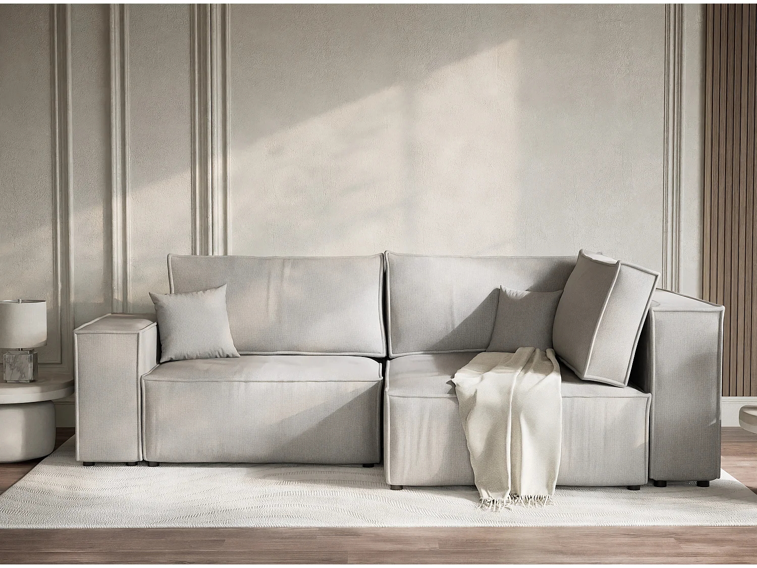 Canapé d'angle droit avec fonction lit en tissu tressé beige gris TONGA