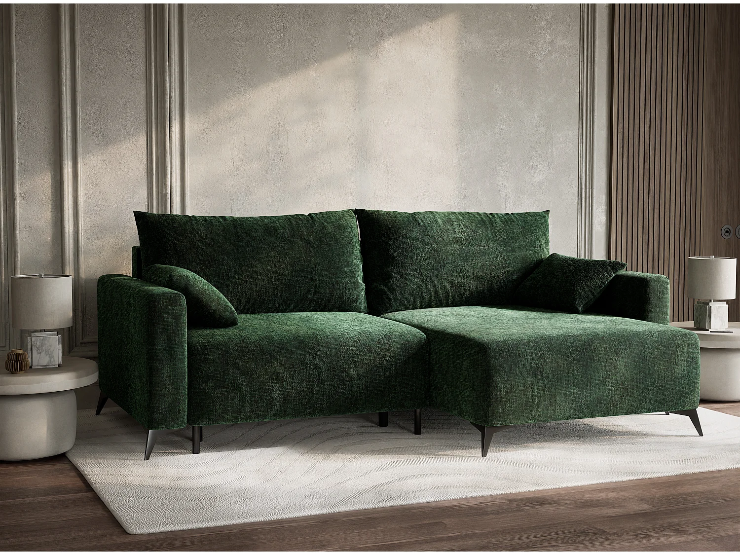 Canapé d'angle droit avec fonction lit en tissu chenille vert foncé LEON