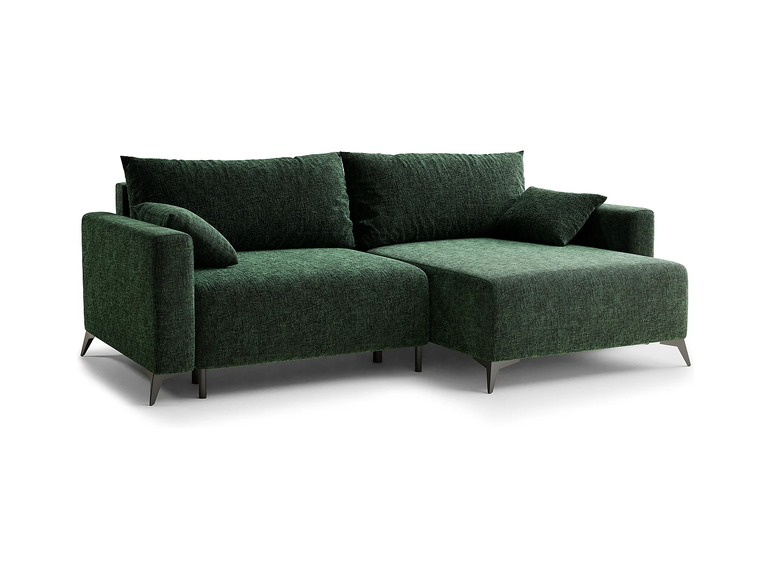 Canapé d'angle droit avec fonction lit en tissu chenille vert foncé LEON