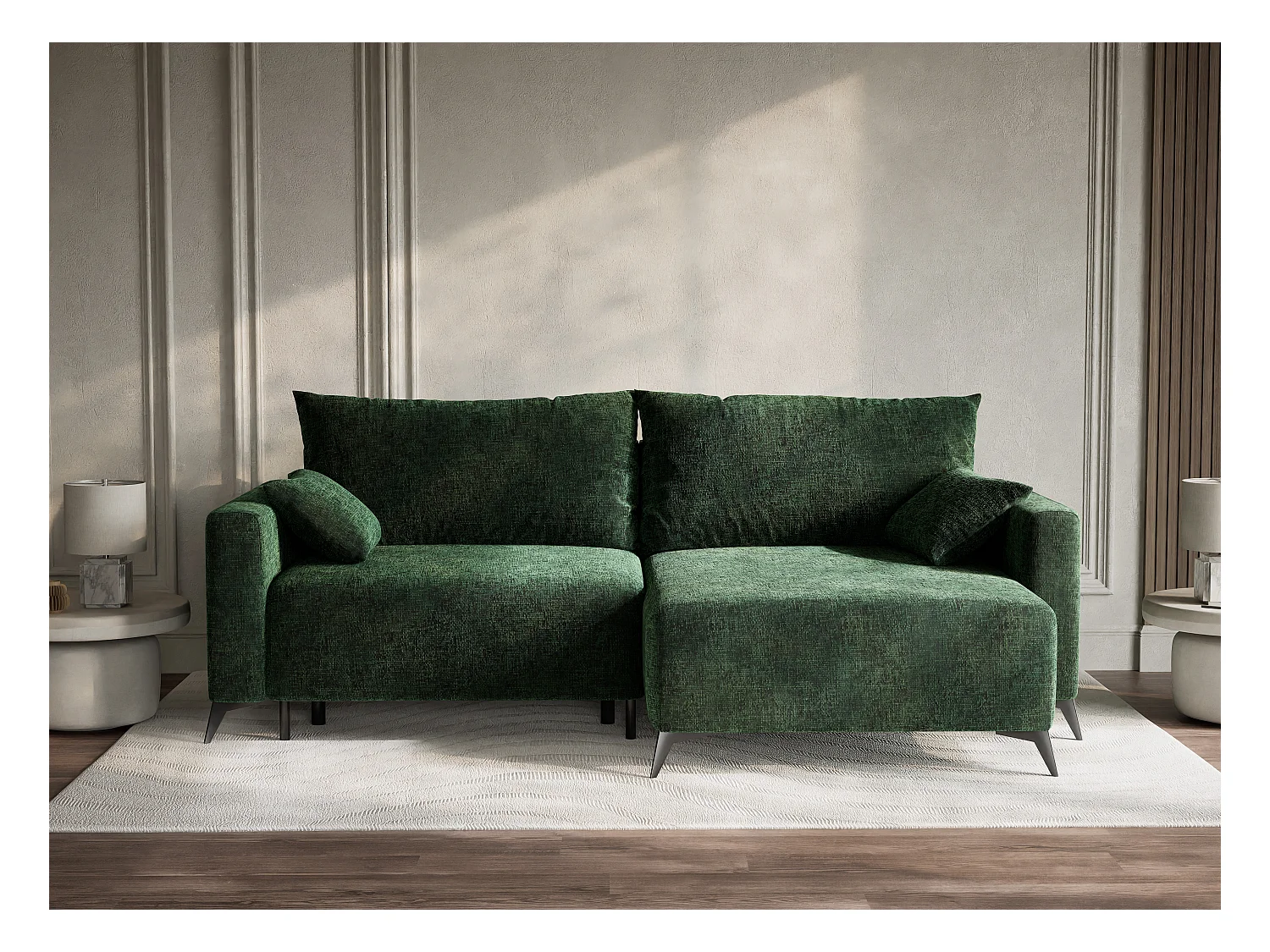 Canapé d'angle droit avec fonction lit en tissu chenille vert foncé LEON