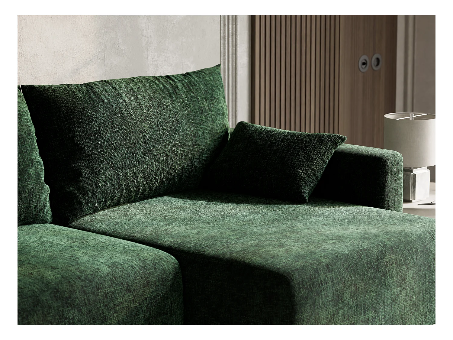 Canapé d'angle droit avec fonction lit en tissu chenille vert foncé LEON