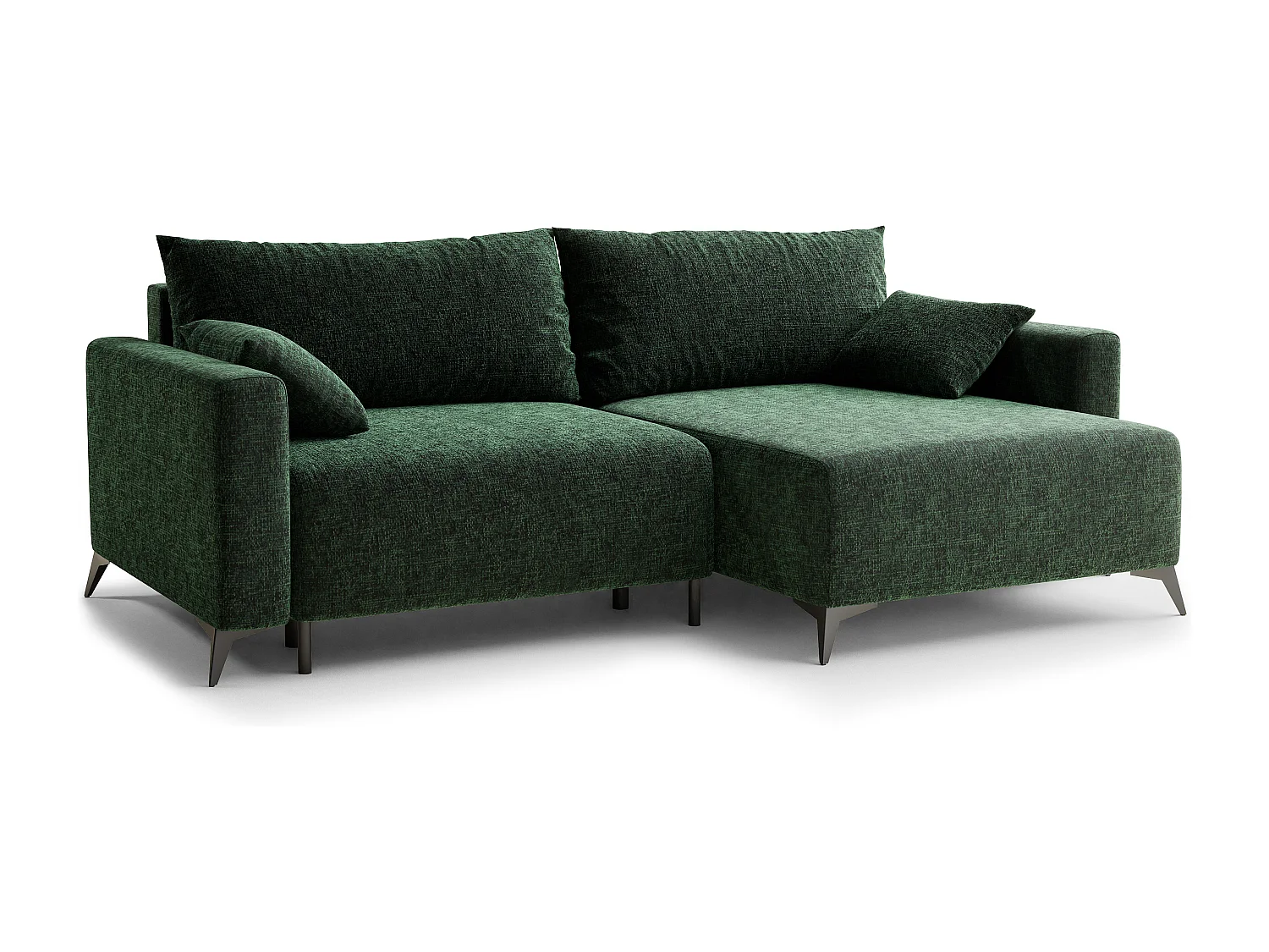 Canapé d'angle droit avec fonction lit en tissu chenille vert foncé LEON