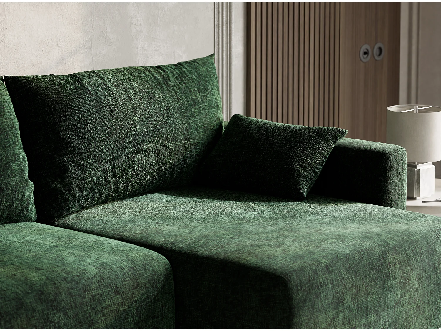 Canapé d'angle droit avec fonction lit en tissu chenille vert foncé LEON