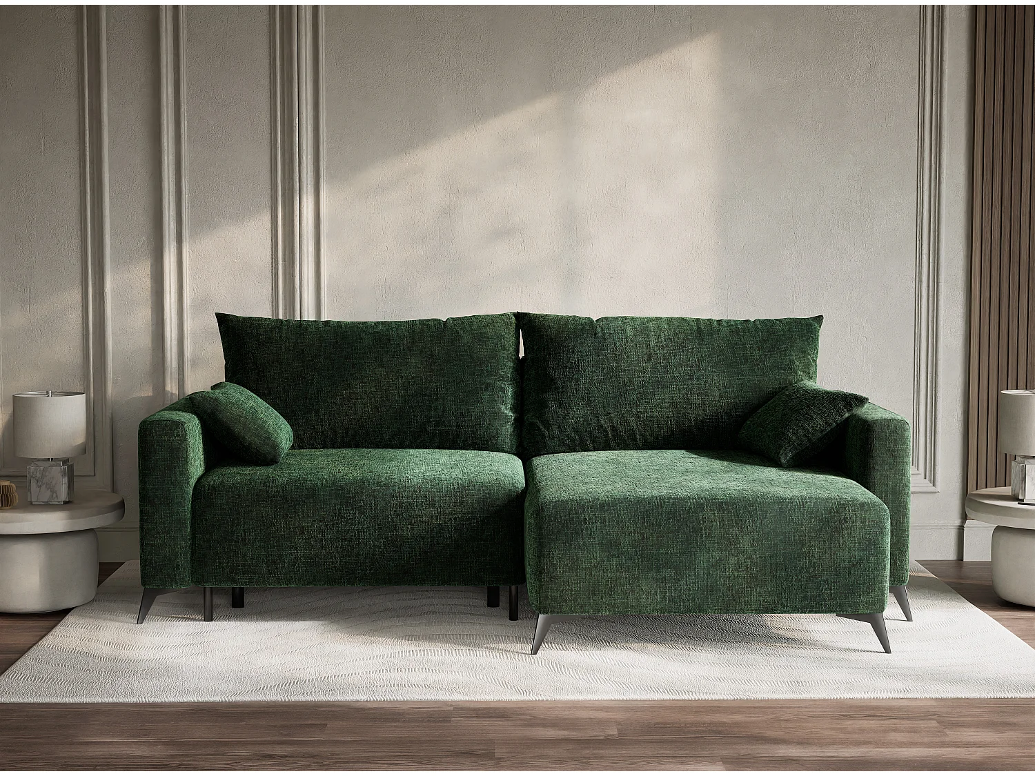 Canapé d'angle droit avec fonction lit en tissu chenille vert foncé LEON