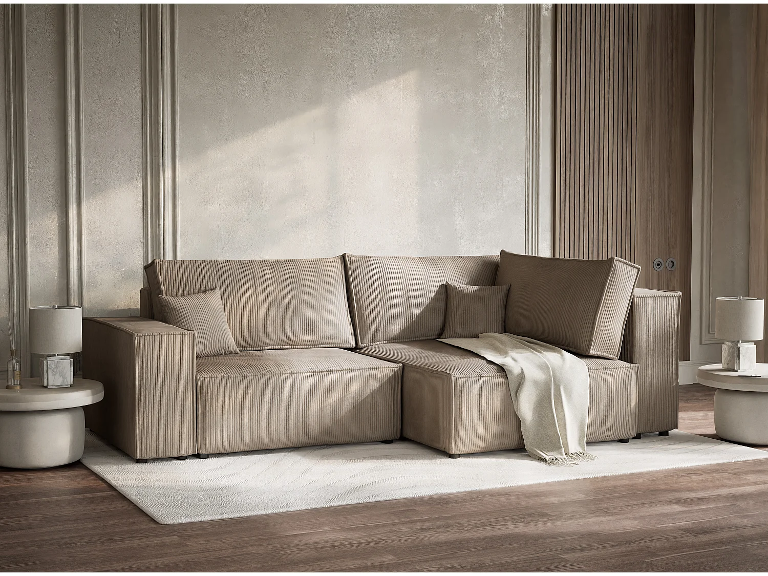 Canapé d'angle droit avec fonction lit en velours beige foncé TONGA