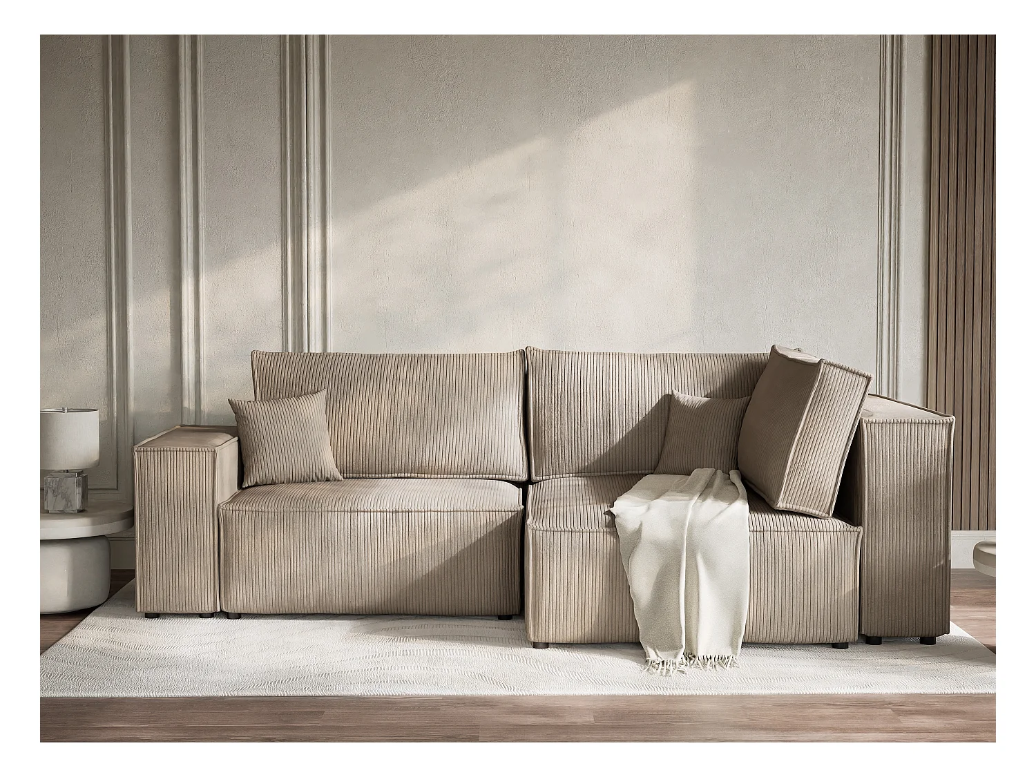 Canapé d'angle droit avec fonction lit en velours beige foncé TONGA