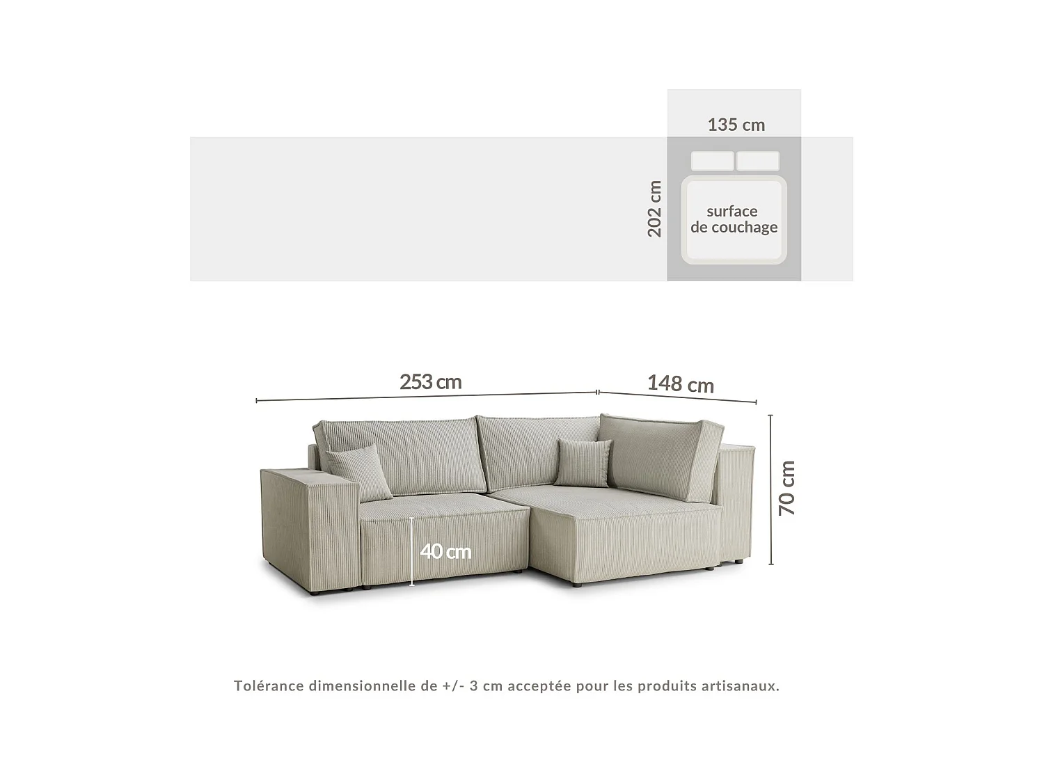 Canapé d'angle droit avec fonction lit en velours beige foncé TONGA