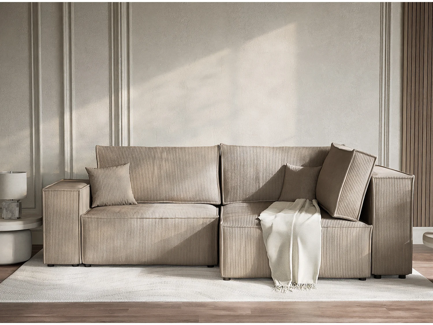 Canapé d'angle droit avec fonction lit en velours beige foncé TONGA