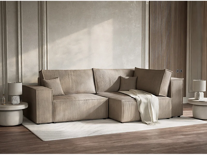 Canapé d'angle droit avec fonction lit en velours beige foncé TONGA