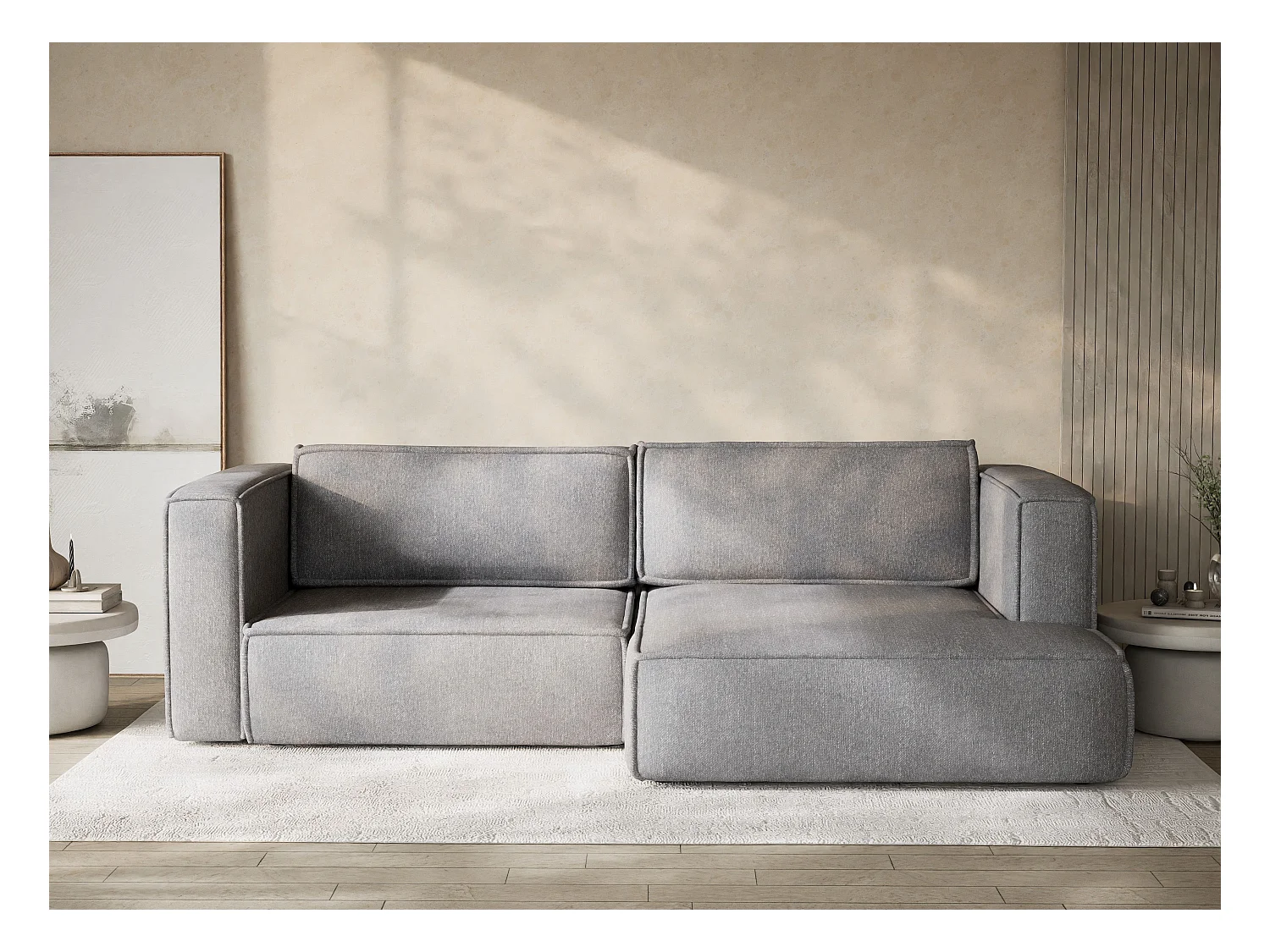 Canapé d'angle droit avec fonction lit en tissu tressé gris VELTO