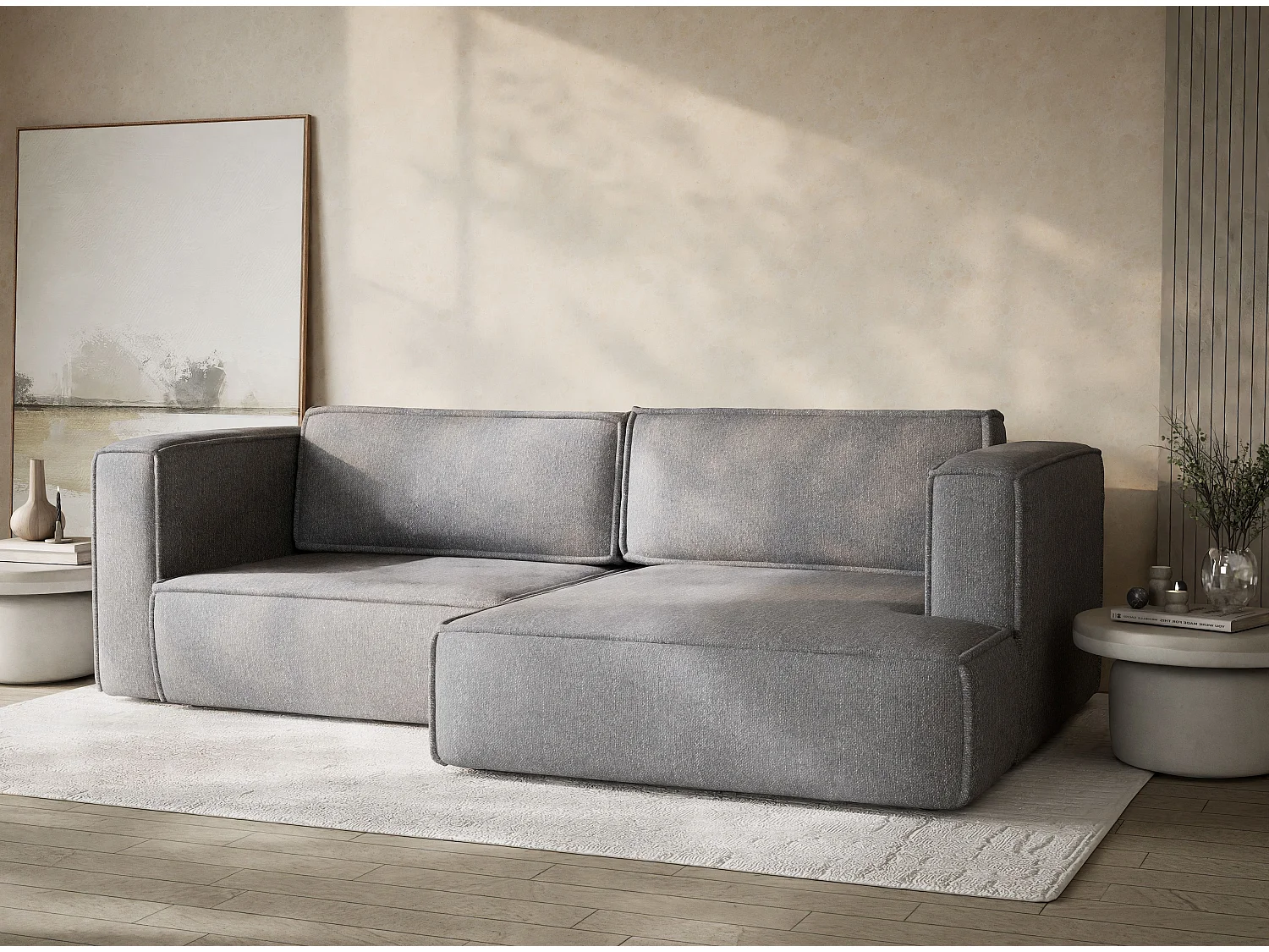 Canapé d'angle droit avec fonction lit en tissu tressé gris VELTO