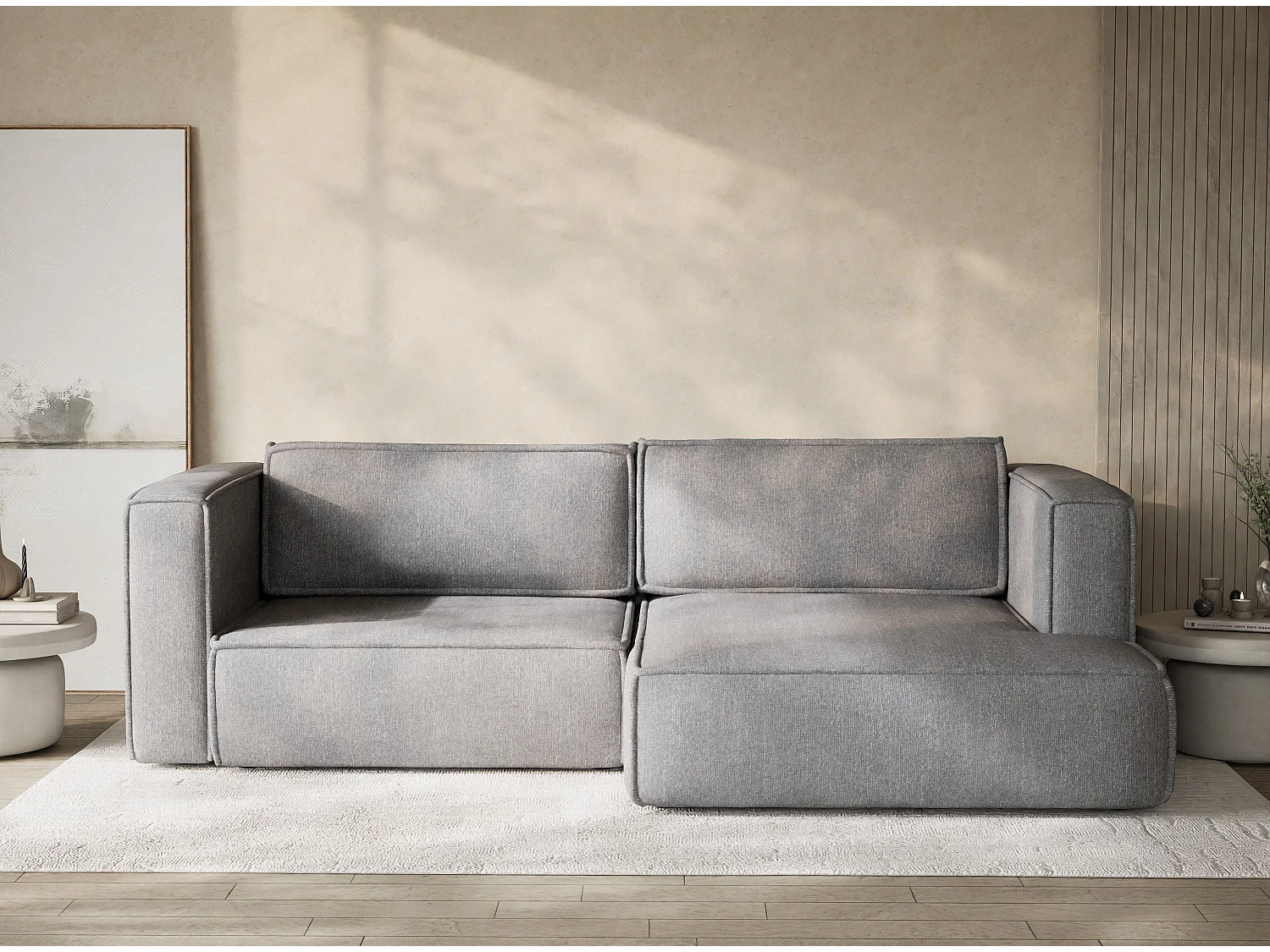 Canapé d'angle droit avec fonction lit en tissu tressé gris VELTO