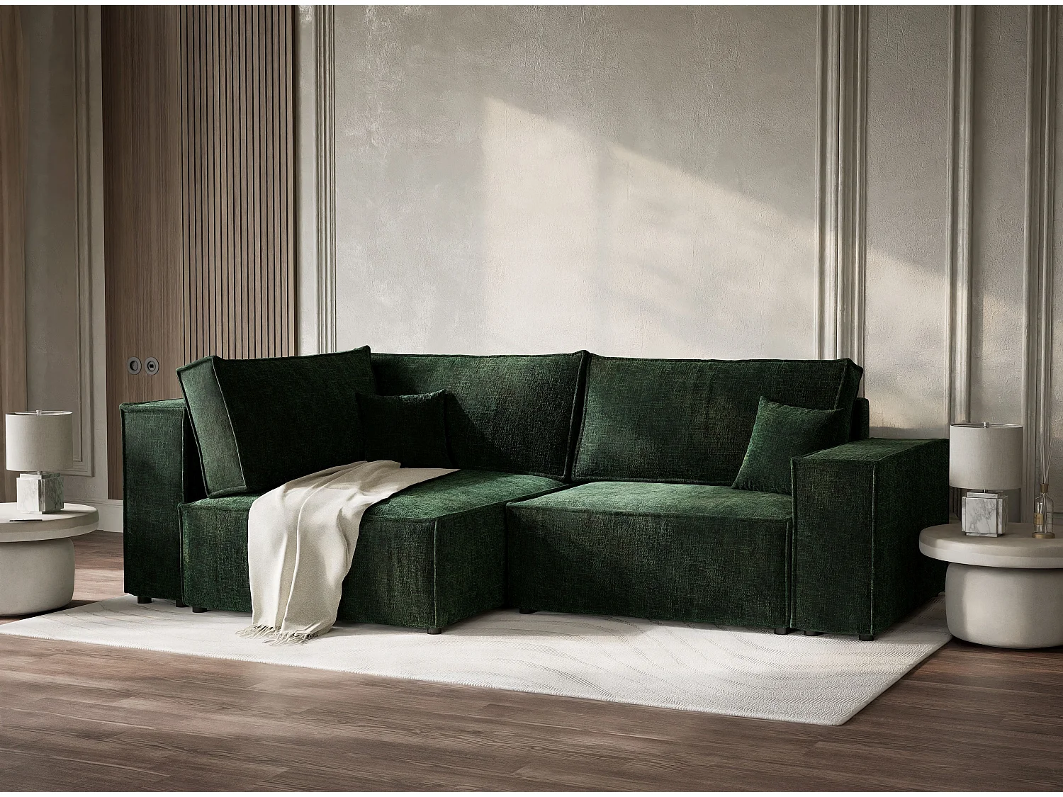 Canapé d'angle gauche avec fonction lit en tissu chenille vert foncé TONGA