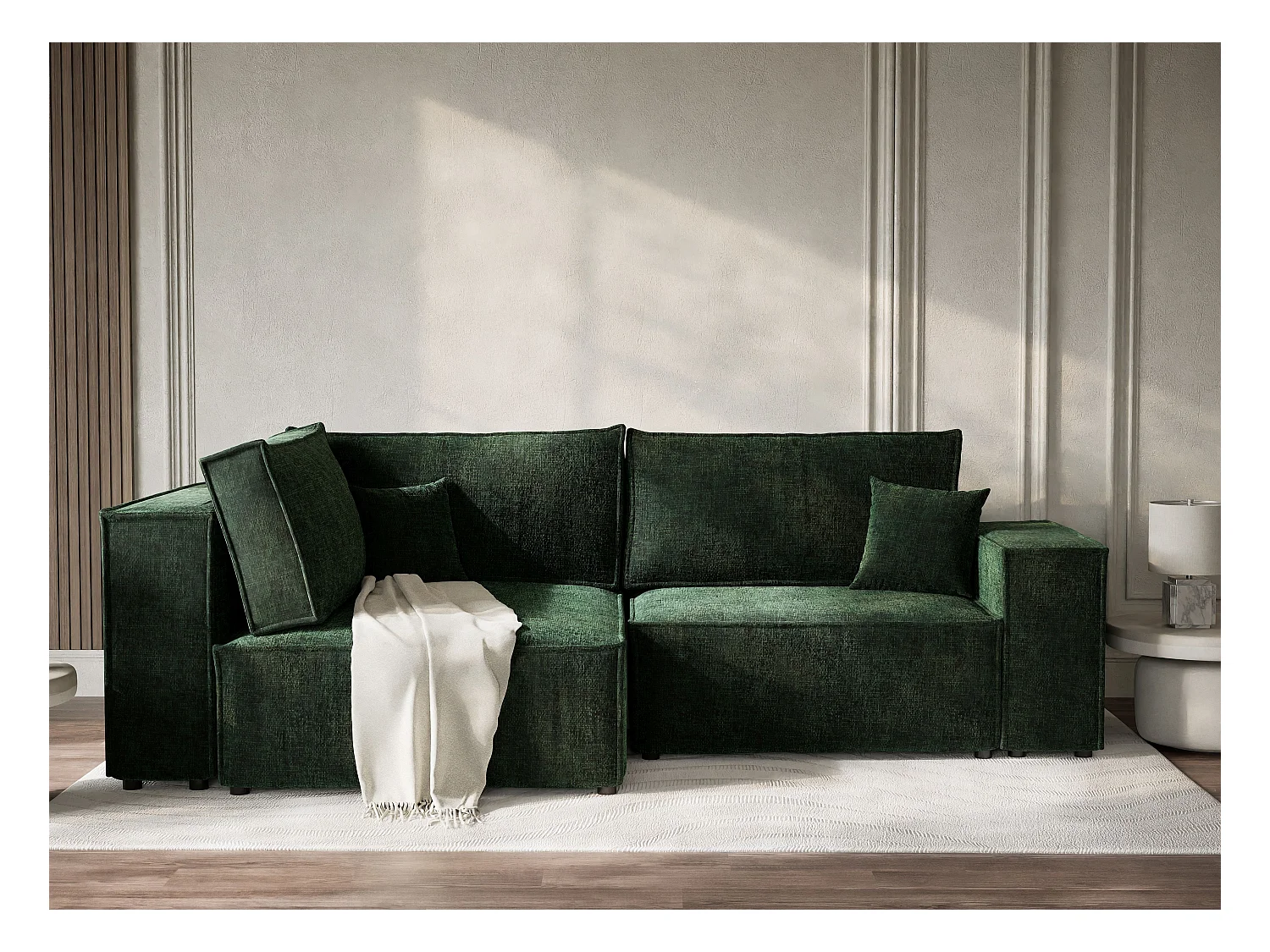 Canapé d'angle gauche avec fonction lit en tissu chenille vert foncé TONGA