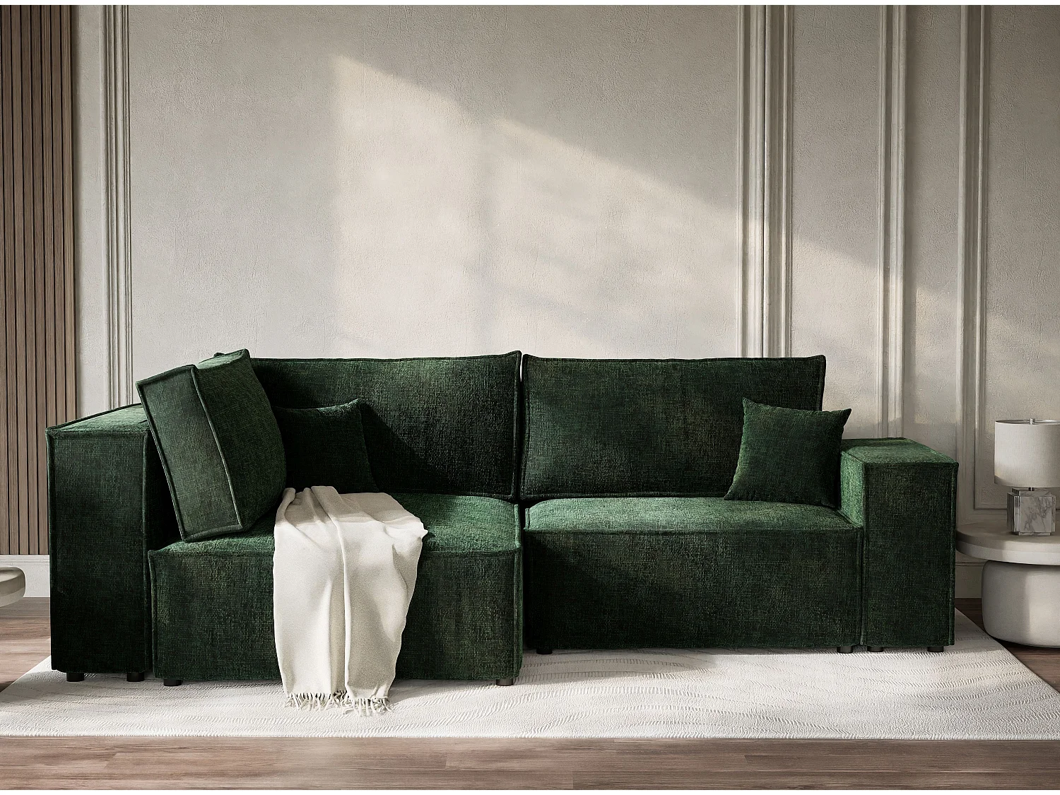 Canapé d'angle gauche avec fonction lit en tissu chenille vert foncé TONGA