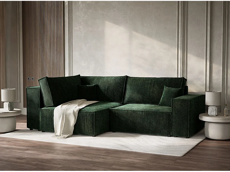 Canapé d'angle gauche avec fonction lit en tissu chenille vert foncé TONGA