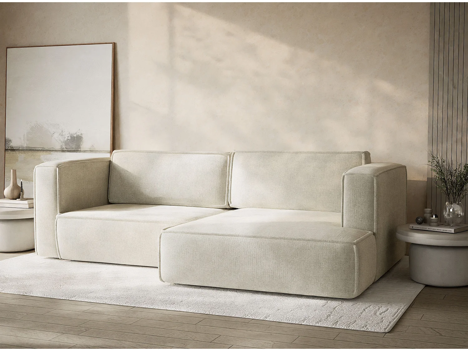 Canapé d'angle droit avec fonction lit en tissu chenille creme VELTO