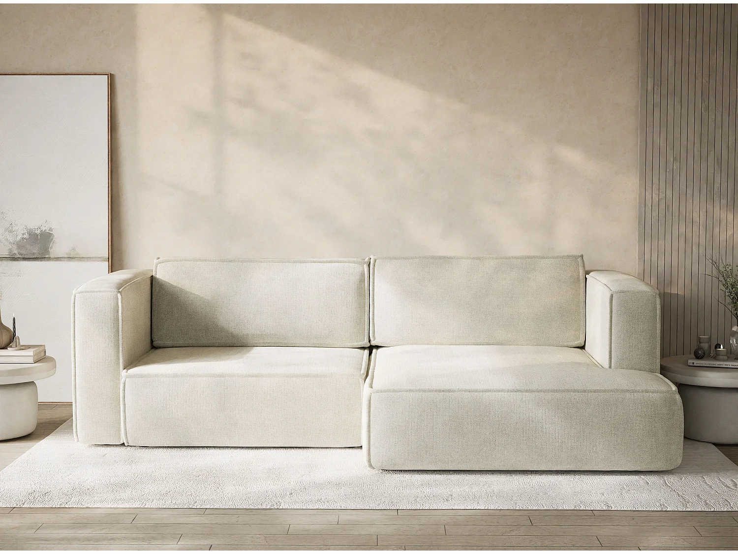 Canapé d'angle droit avec fonction lit en tissu chenille creme VELTO