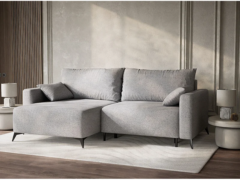 Canapé d'angle gauche avec fonction lit en tissu tressé gris clair LEON