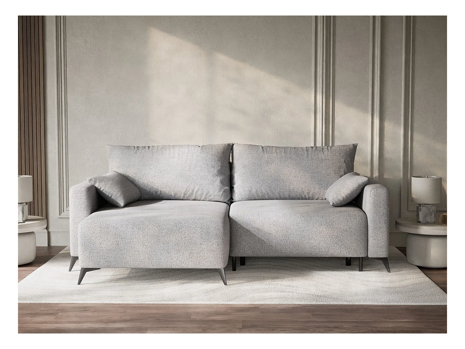 Canapé d'angle gauche avec fonction lit en tissu tressé gris clair LEON