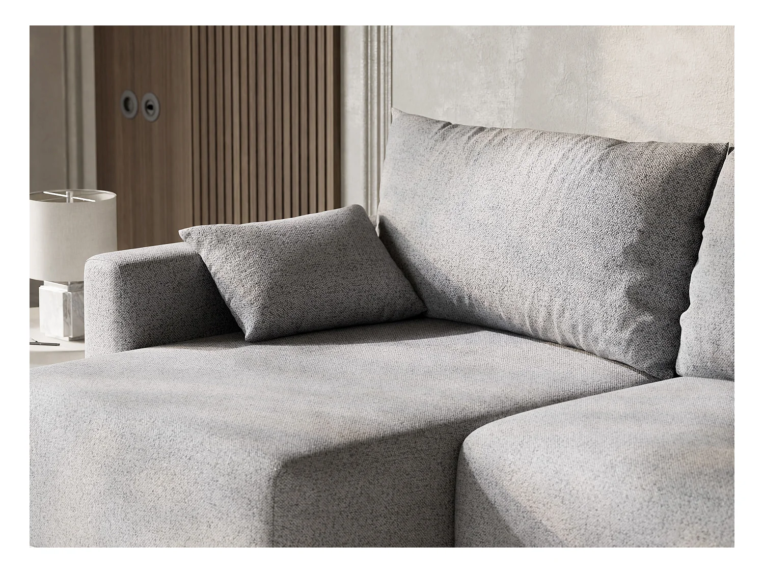 Canapé d'angle gauche avec fonction lit en tissu tressé gris clair LEON