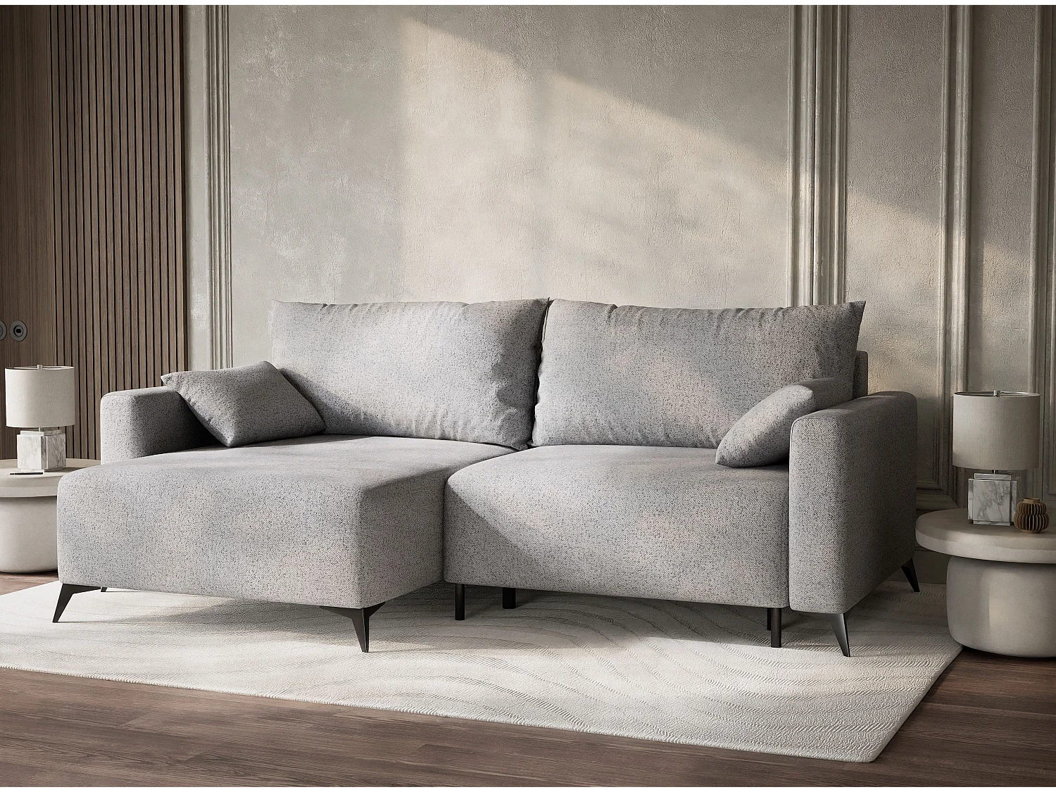 Canapé d'angle gauche avec fonction lit en tissu tressé gris clair LEON