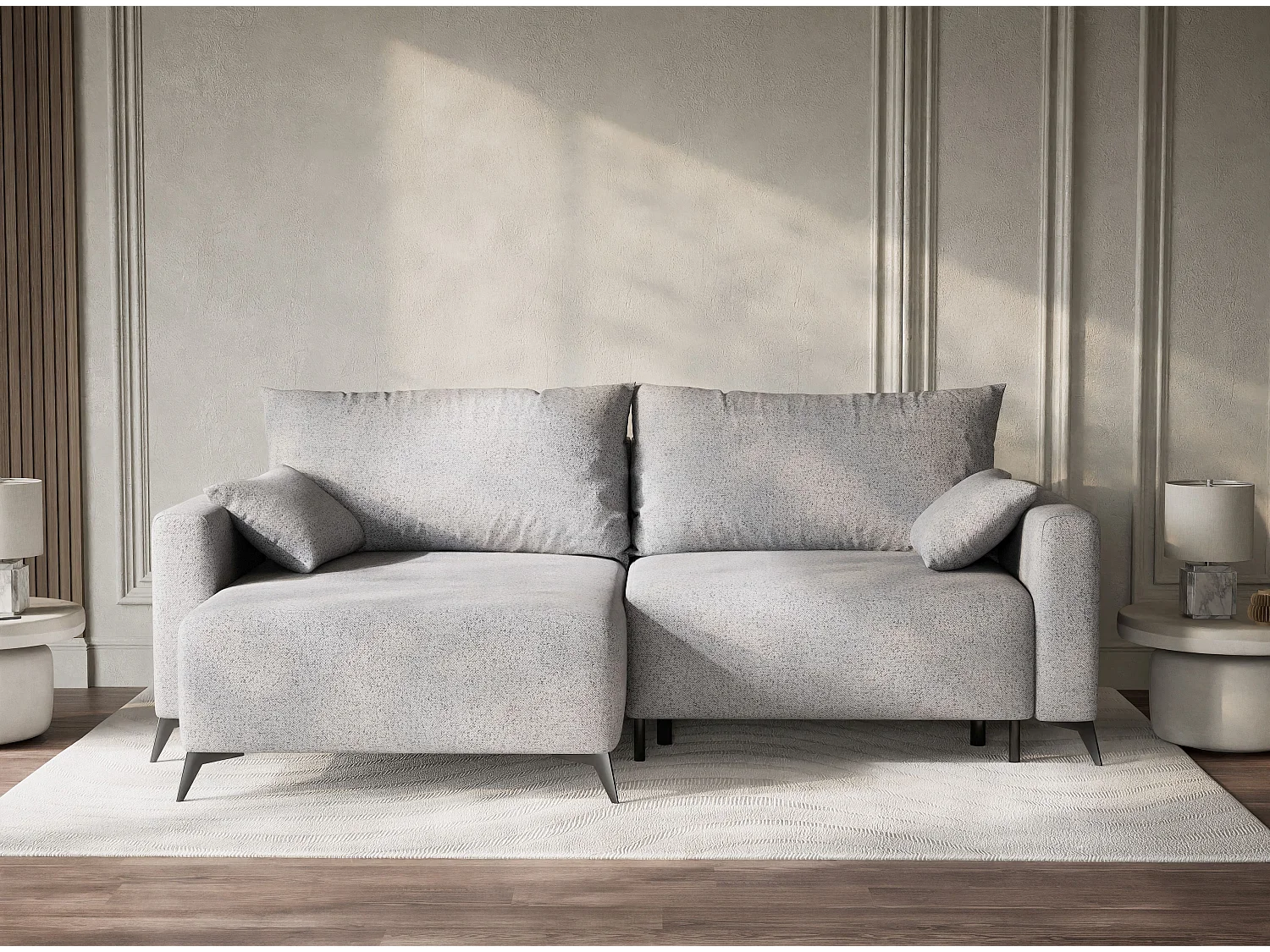 Canapé d'angle gauche avec fonction lit en tissu tressé gris clair LEON