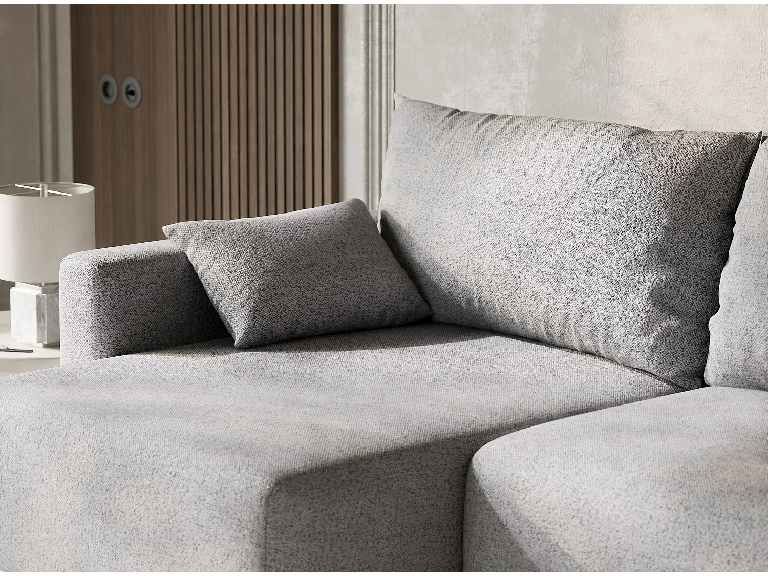 Canapé d'angle gauche avec fonction lit en tissu tressé gris clair LEON