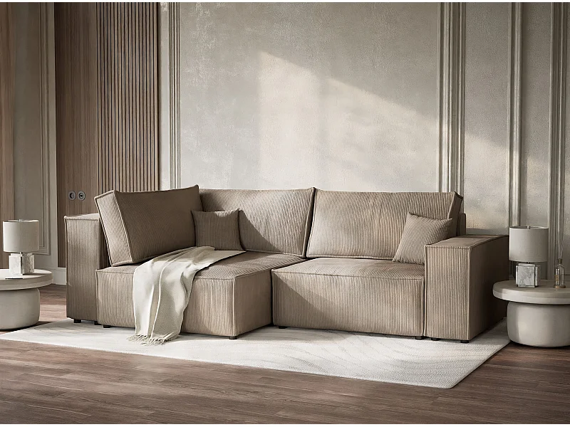 Canapé d'angle gauche avec fonction lit en velours beige foncé TONGA