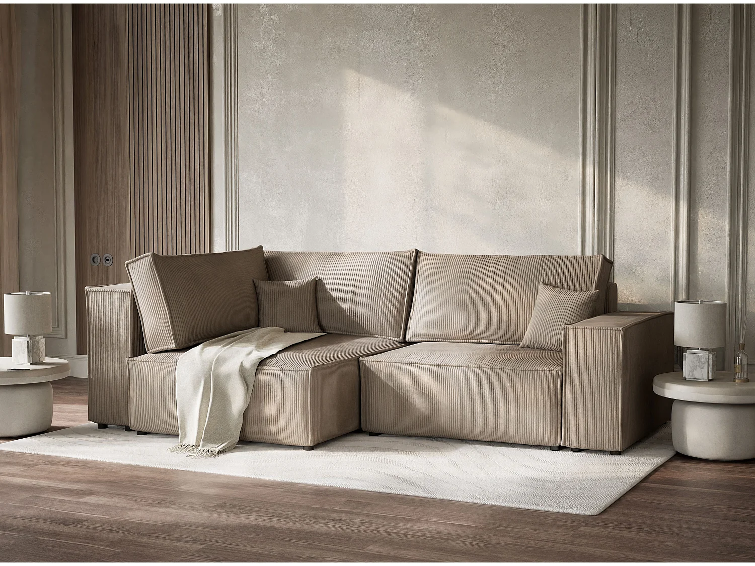 Canapé d'angle gauche avec fonction lit en velours beige foncé TONGA