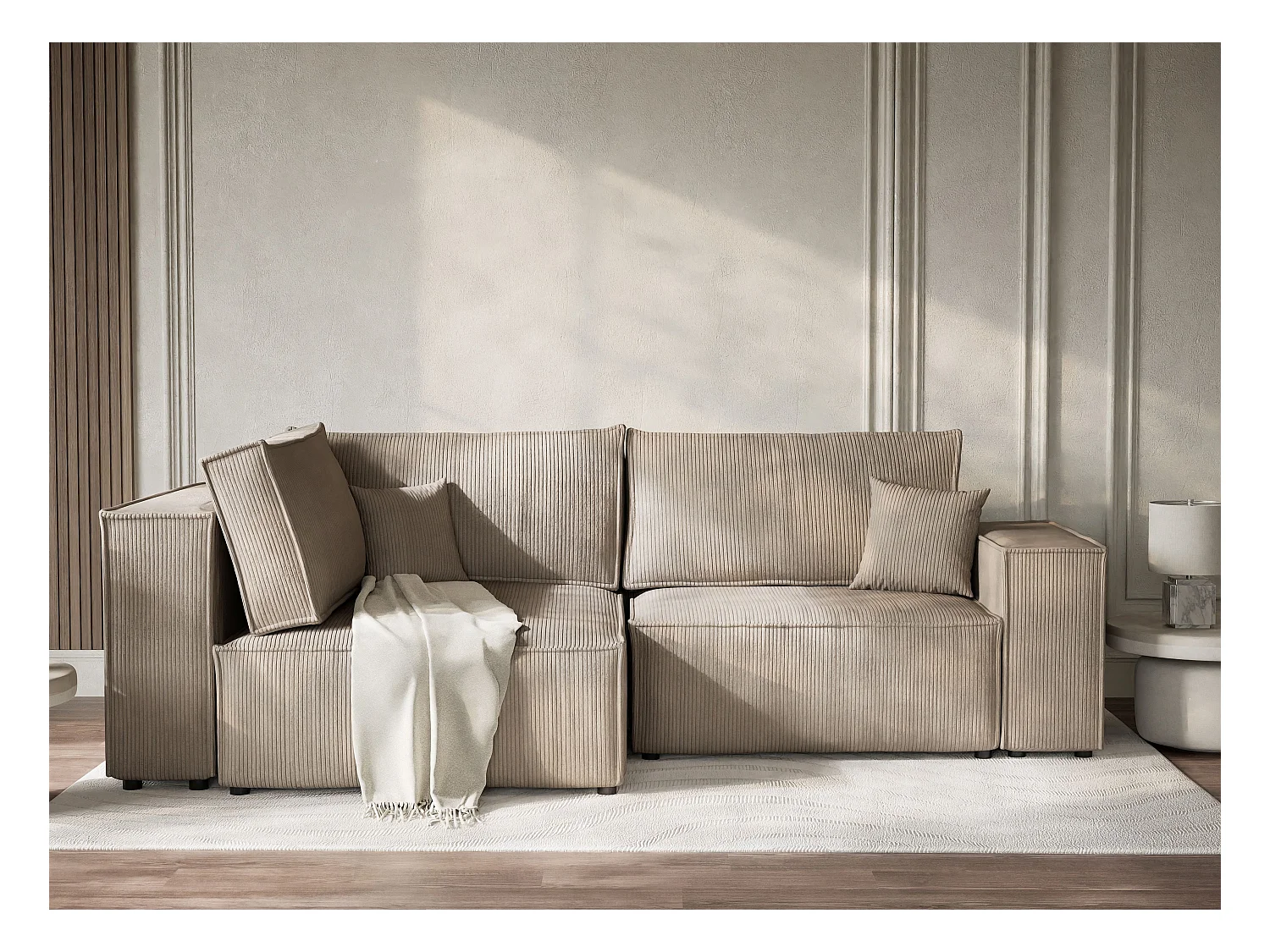 Canapé d'angle gauche avec fonction lit en velours beige foncé TONGA