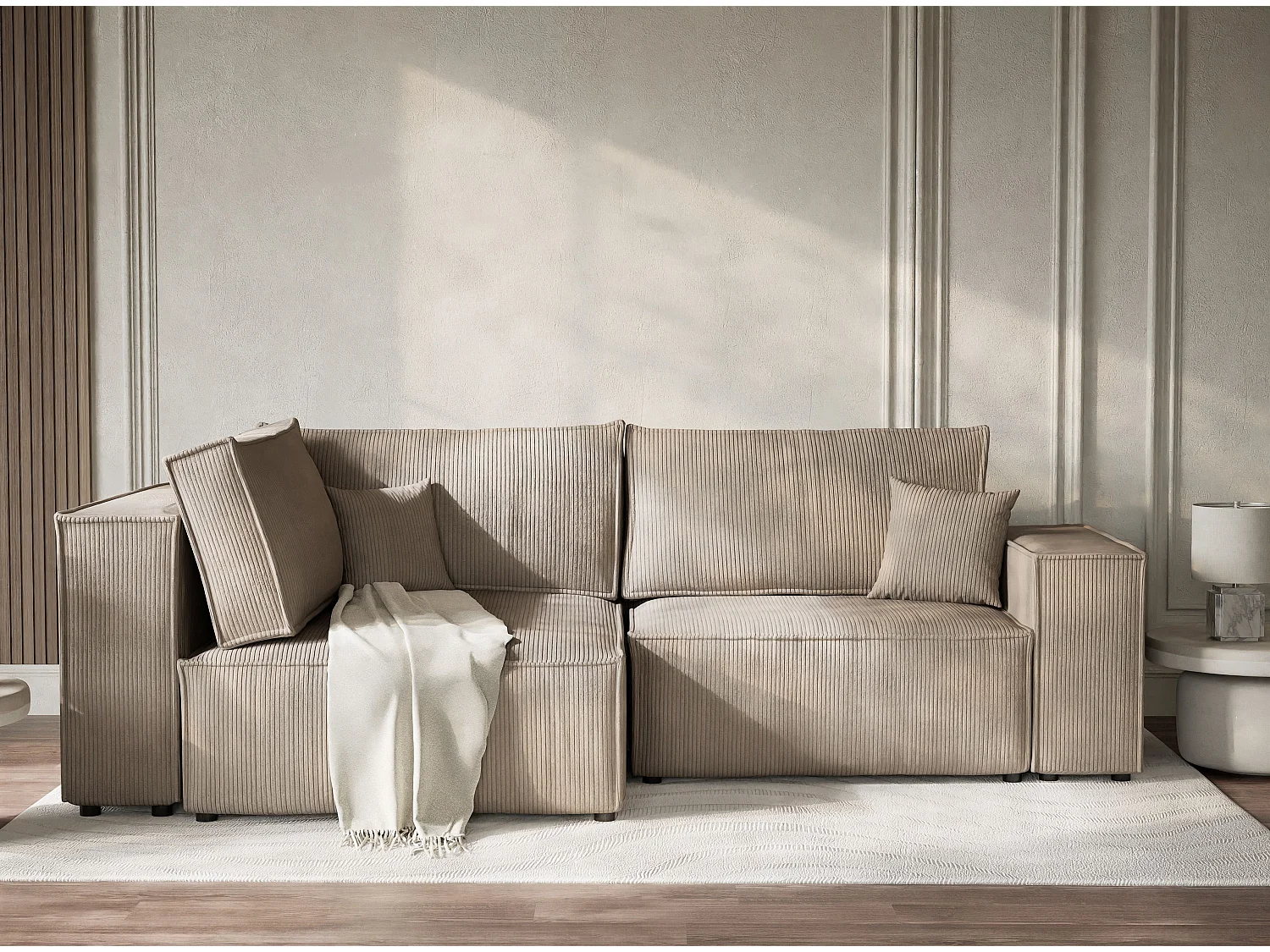 Canapé d'angle gauche avec fonction lit en velours beige foncé TONGA