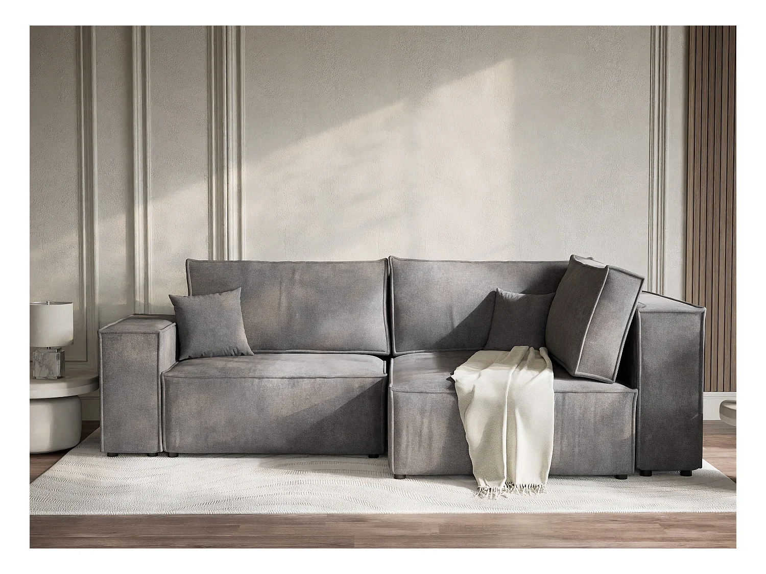 Canapé d'angle droit avec fonction lit en tissu chenille gris TONGA