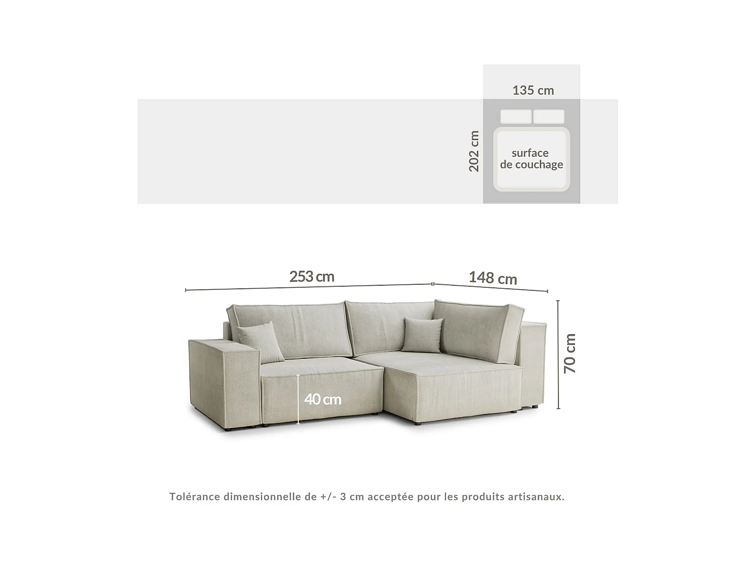 Canapé d'angle droit avec fonction lit en tissu chenille gris TONGA