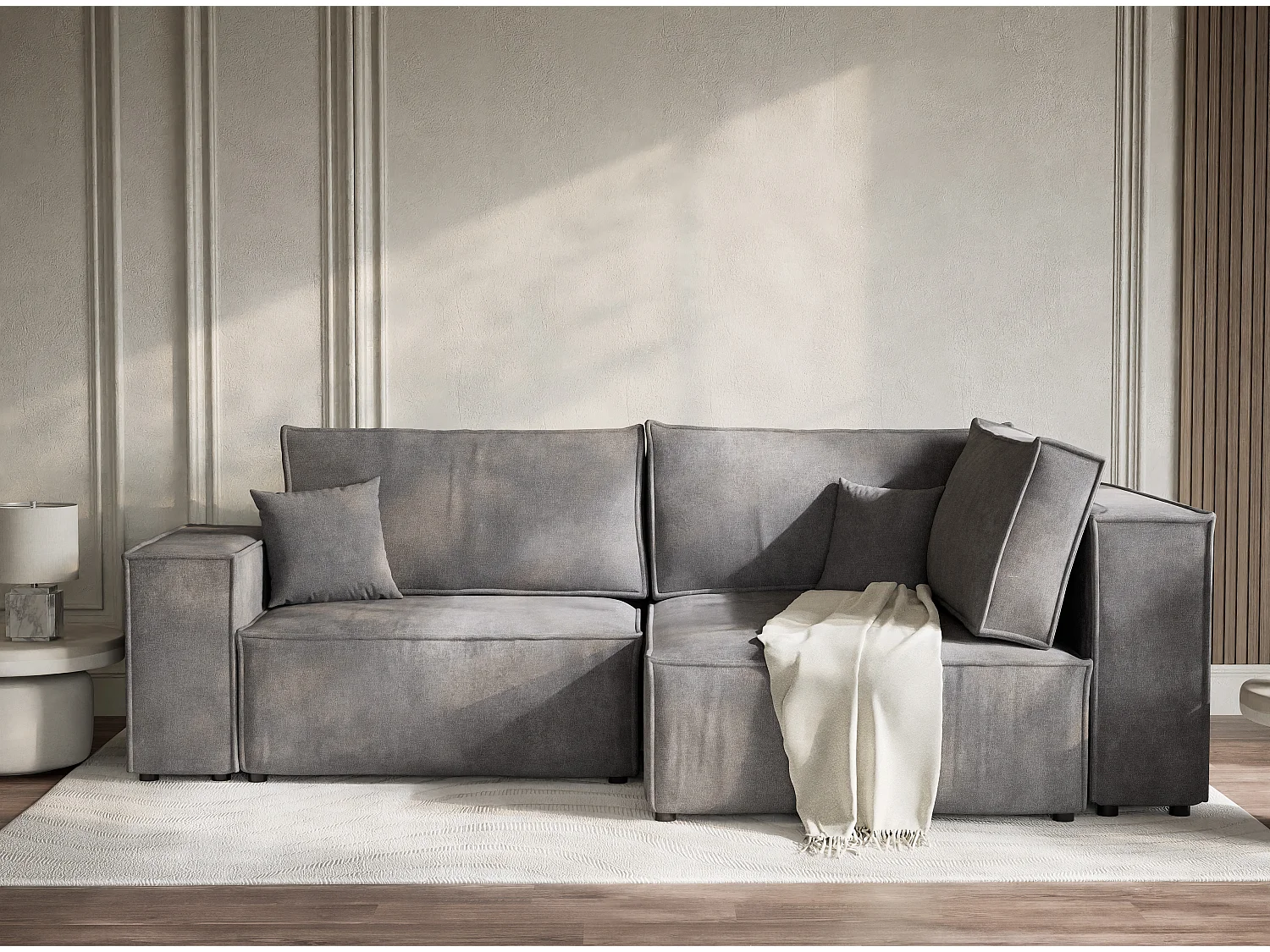 Canapé d'angle droit avec fonction lit en tissu chenille gris TONGA