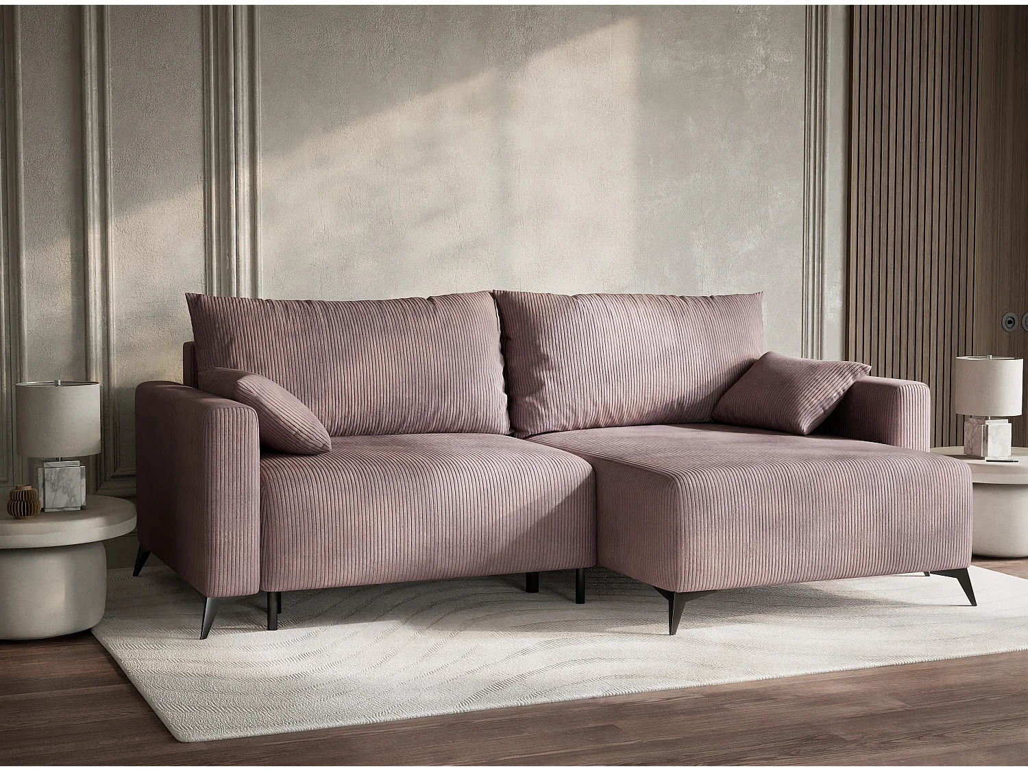 Canapé d'angle droit avec fonction lit en velours violet LEON