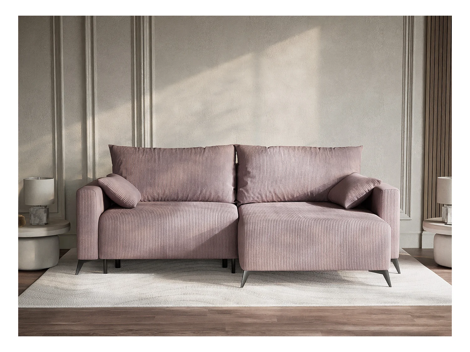 Canapé d'angle droit avec fonction lit en velours violet LEON