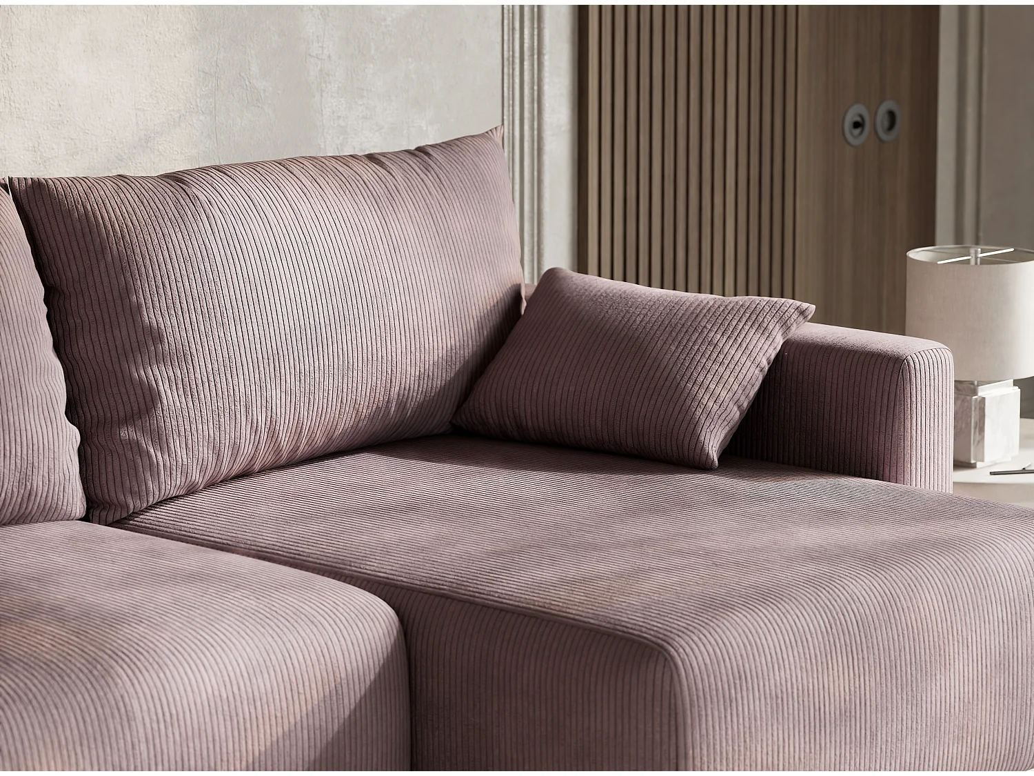 Canapé d'angle droit avec fonction lit en velours violet LEON