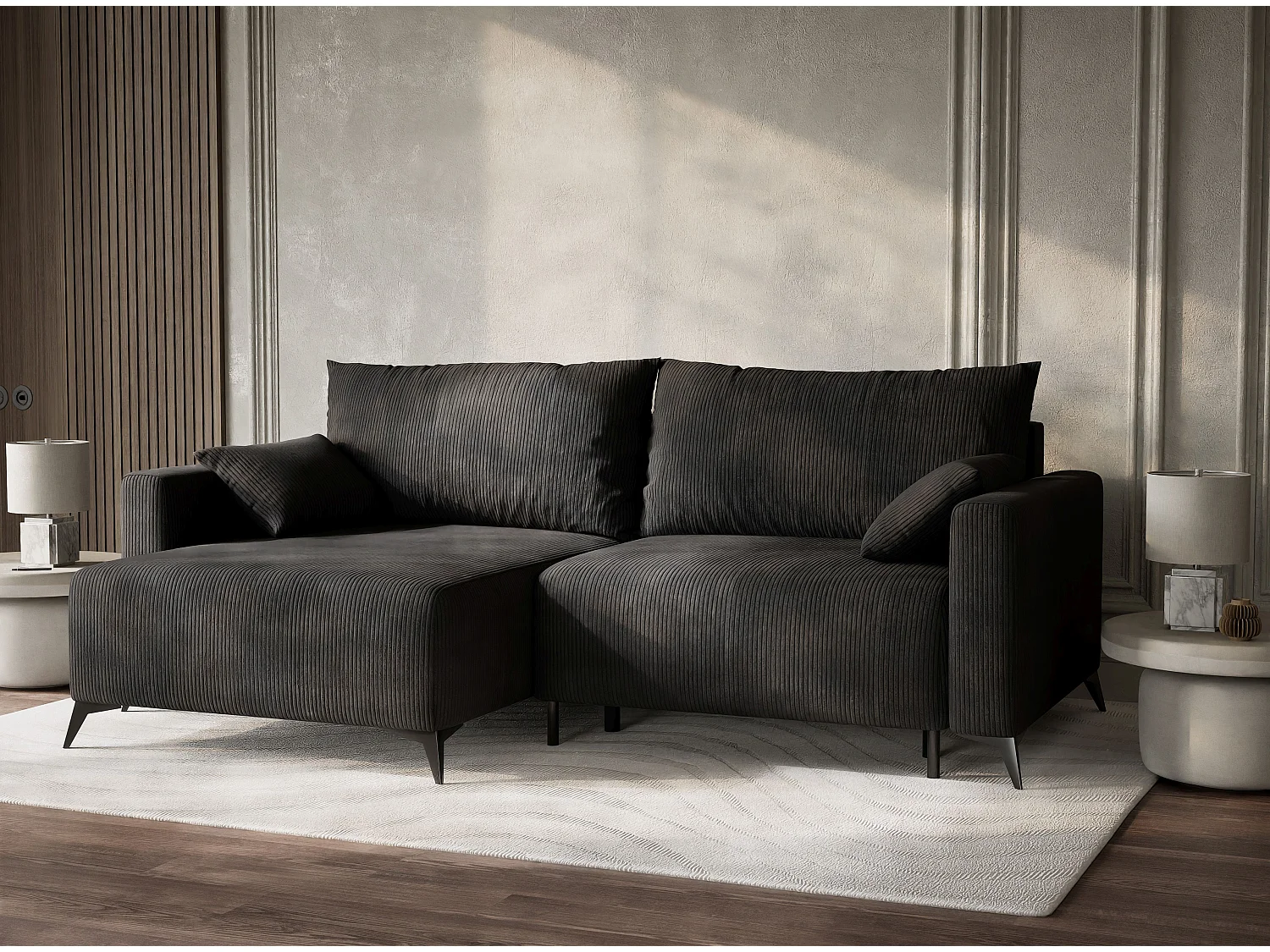 Canapé d'angle gauche avec fonction lit en velours graphite LEON