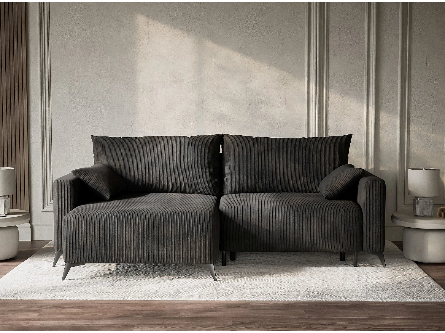 Canapé d'angle gauche avec fonction lit en velours graphite LEON