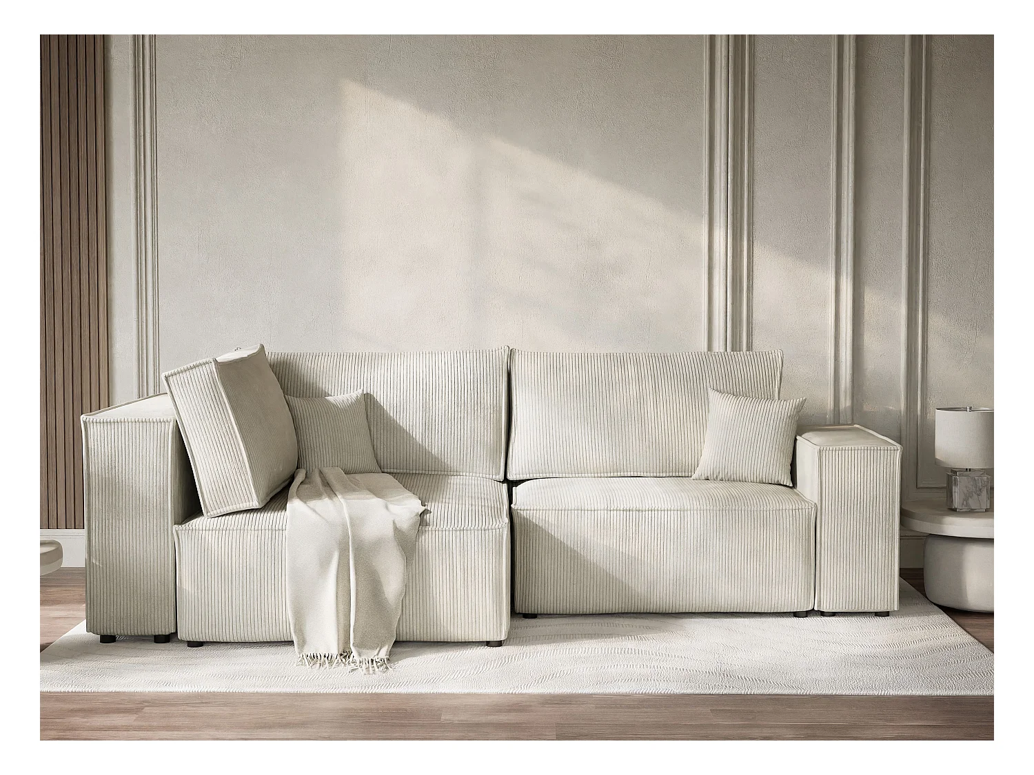 Canapé d'angle gauche avec fonction lit en velours creme TONGA