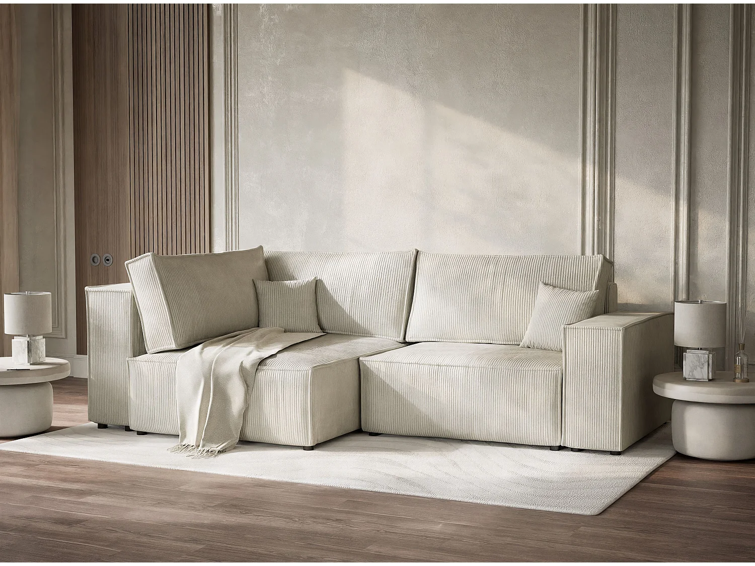 Canapé d'angle gauche avec fonction lit en velours creme TONGA