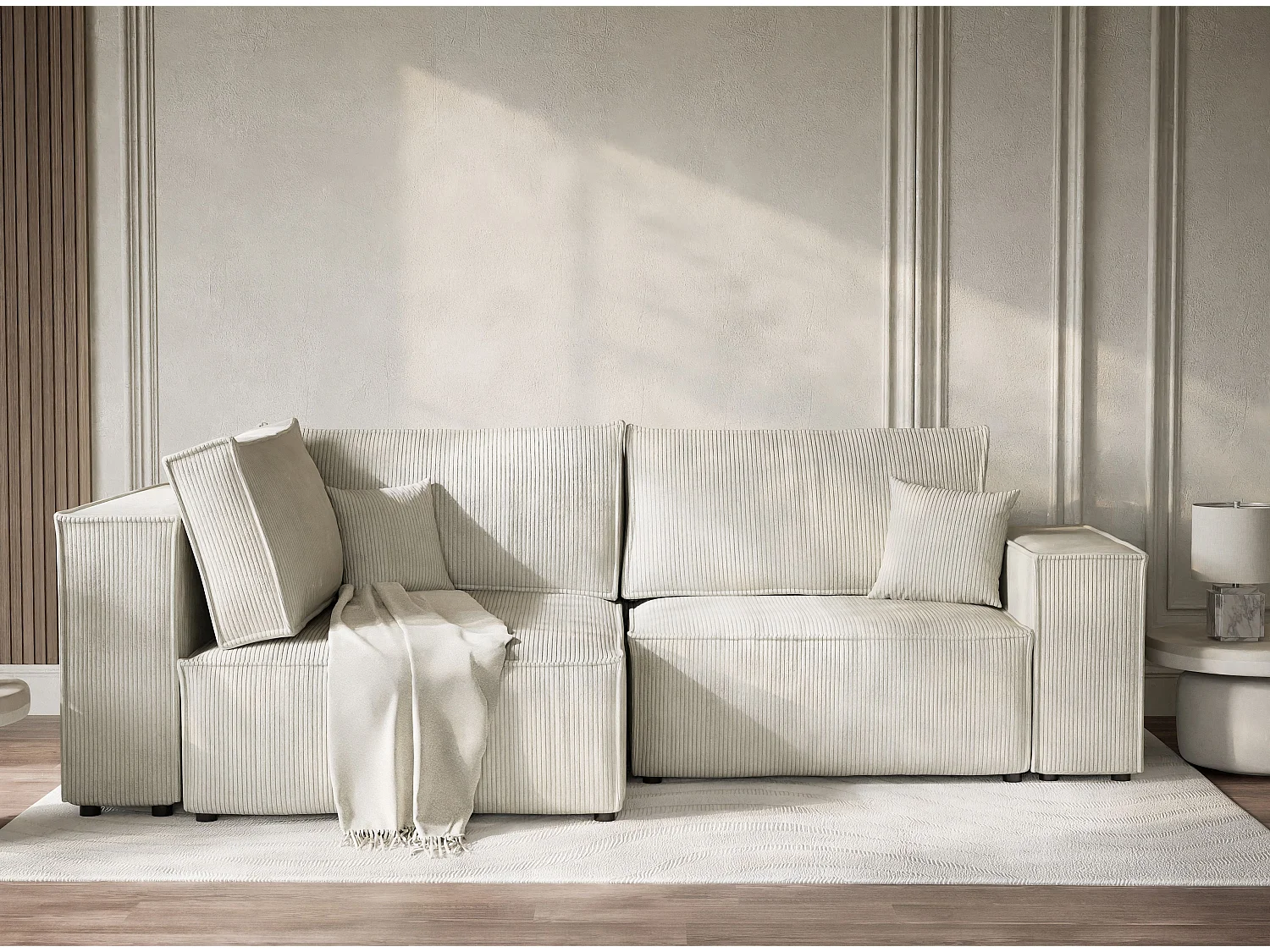 Canapé d'angle gauche avec fonction lit en velours creme TONGA